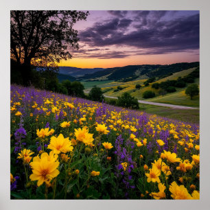 Beautiful Meadow with Vibrant Flowers at Sunrise Poster