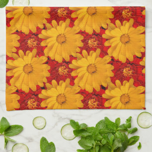 Beautiful Medley of Red Yellow Marigold Flowers Tea Towel