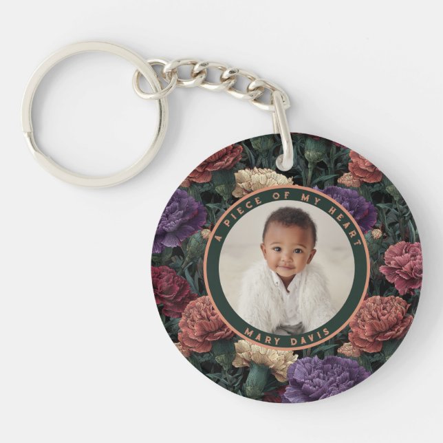 Beautiful memorial keepsake Carnation Photo Key Ring (Front)