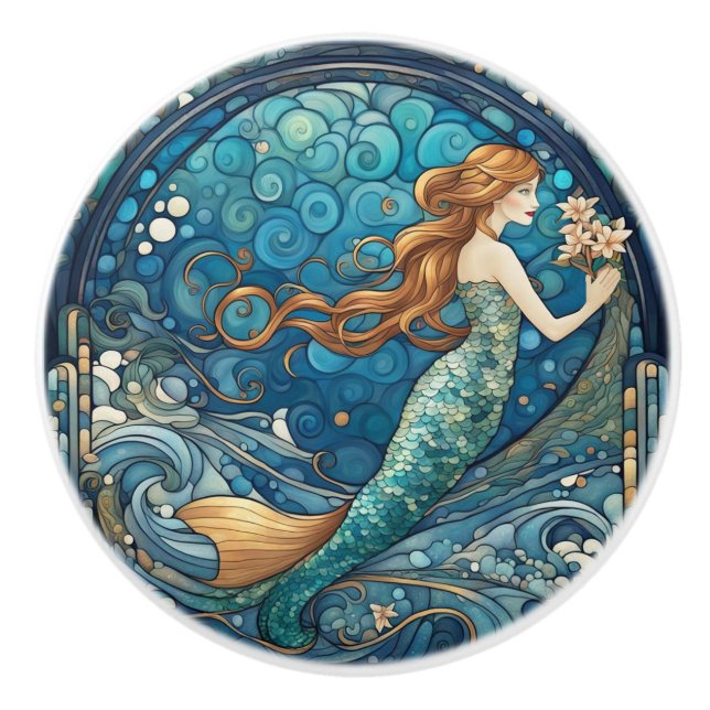 Beautiful Mermaid Art Nouveau Art Deco Style Blue Ceramic Knob (Front)