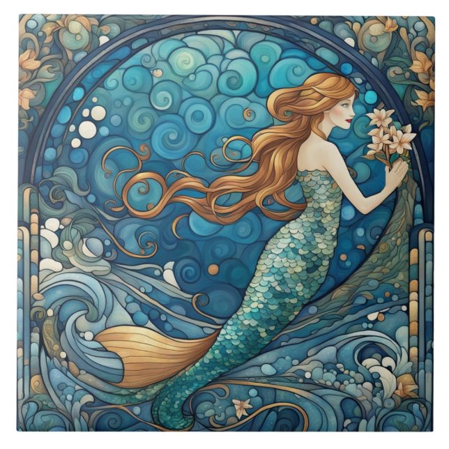 Beautiful Mermaid Art Nouveau Art Deco Style Blue Ceramic Tile (Front)