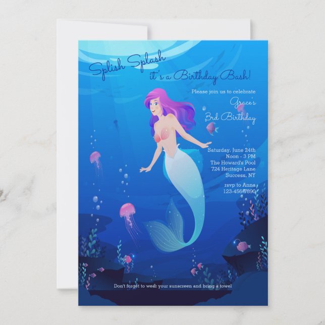 Beautiful Mermaid Birthday Party Invitation (Front)