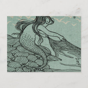 Beautiful Mermaid Drawing On Blue Sea Shore Postcard