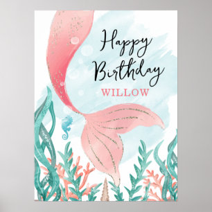 Beautiful Mermaid Girl Birthday Poster Sign
