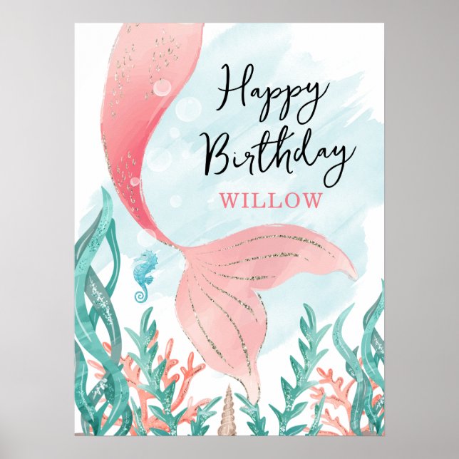Beautiful Mermaid Girl Birthday Poster Sign (Front)