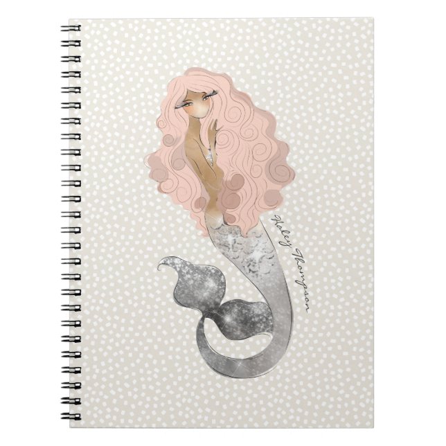 Beautiful Mermaid in Pink Hair with Your Name Notebook (Front)