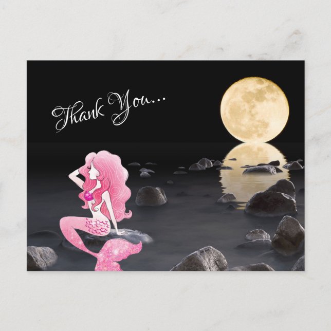 Beautiful Mermaid in Pink with Full Moon Thank You Postcard (Front)