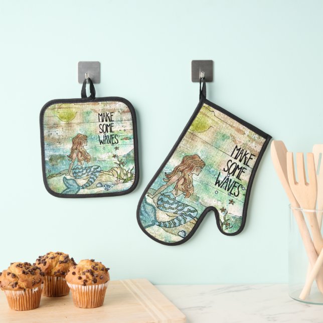 Beautiful Mermaid Make Some Waves Oven Mitt & Pot Holder Set (Insitu(Hanging))