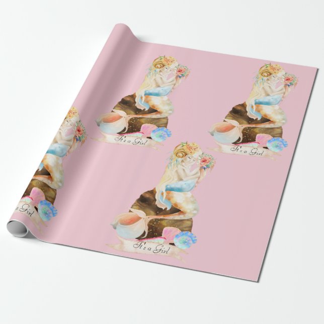 Beautiful Mermaid Mother Baby It's a Girl Pink Wrapping Paper (Unrolled)