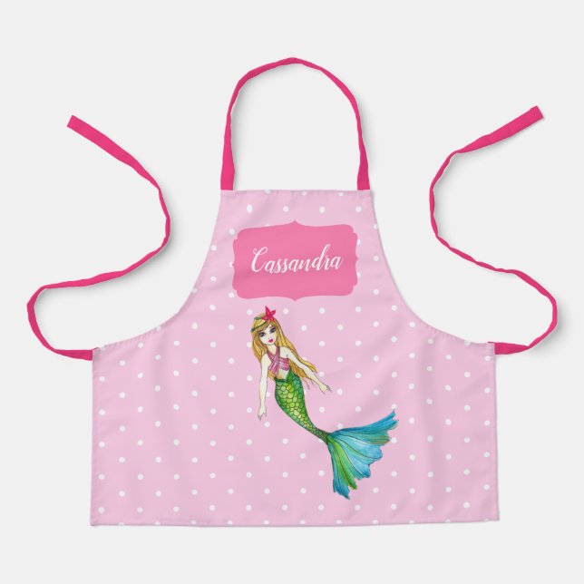 Beautiful Mermaid Pink White Polka Dots Pattern Apron (Front)