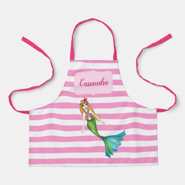 Beautiful Mermaid Pink White Stripes Pattern Apron (Front)