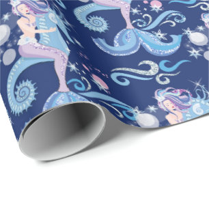 Beautiful mermaid riding a seahorse underwater wrapping paper