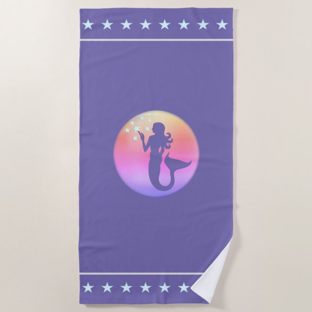 Beautiful Mermaid Silhouette & Stars Beach Towel (Front)