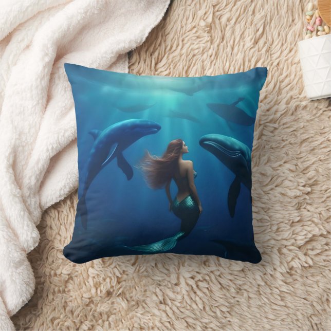 Beautiful Mermaid Swimming With Humpback Whales, Cushion (Blanket)