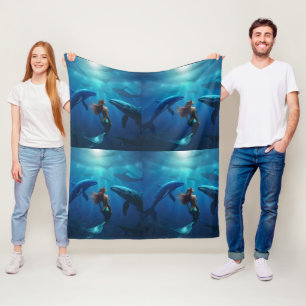 Beautiful Mermaid Swimming With Humpback Whales, Fleece Blanket