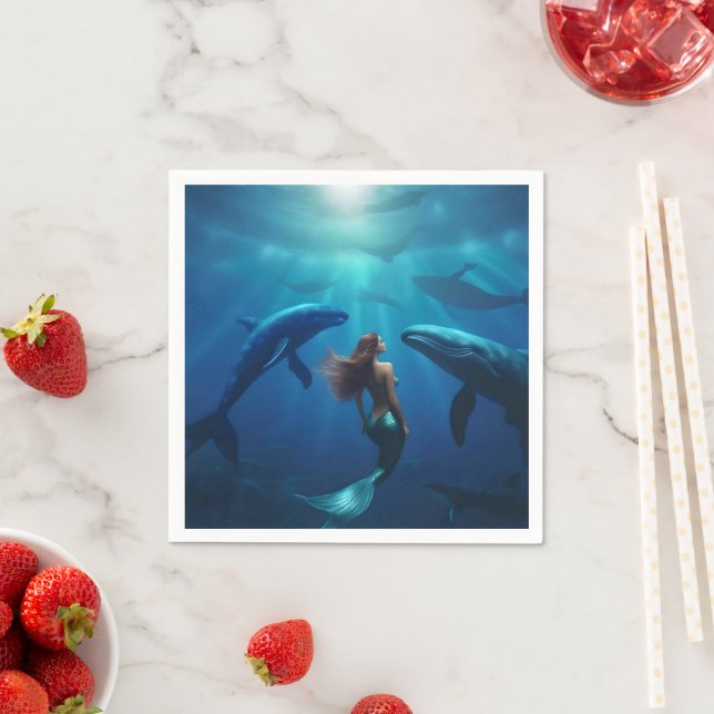 Beautiful Mermaid Swimming With Humpback Whales, Napkin (Insitu)