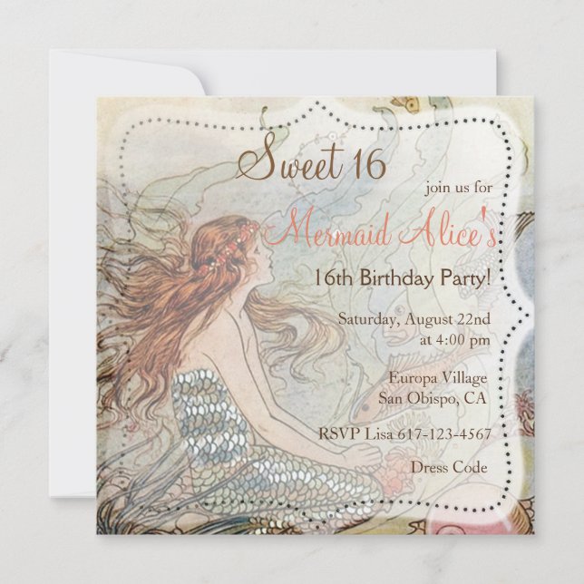 Beautiful Mermaid Vintage Sweet 16 Birthday Invite (Front)