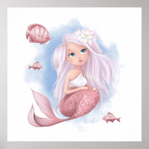 Beautiful Mermaid with Fish Poster