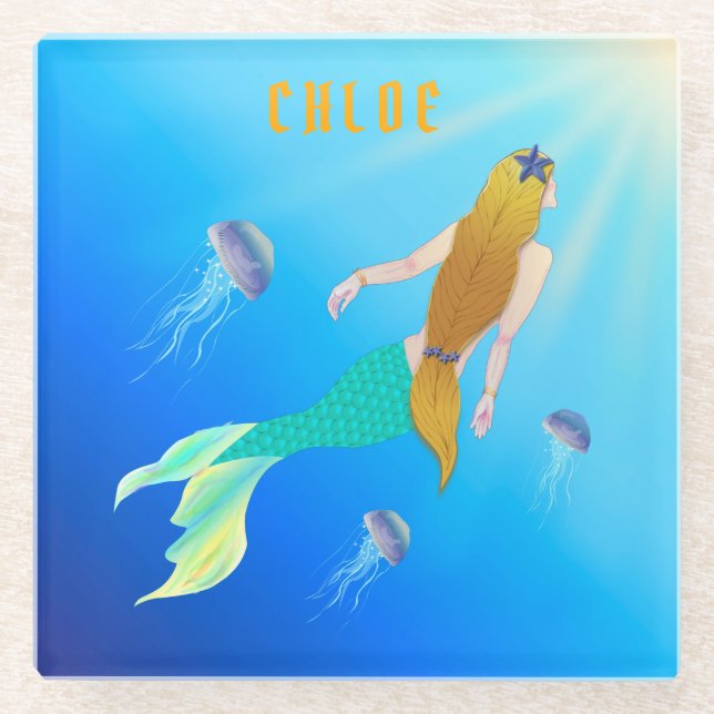 Beautiful Mermaid with Golden Hair Glass Coaster (Front)