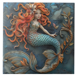 Beautiful Mermaid With Orange Hair 3D Effect Ceramic Tile