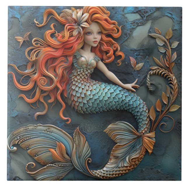 Beautiful Mermaid With Orange Hair 3D Effect Ceramic Tile (Front)