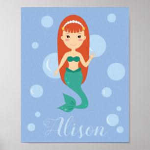 Beautiful mermaid with red hair swimming in ocean poster