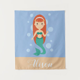 Beautiful mermaid with red hair swimming in ocean  tapestry