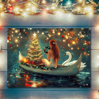 Beautiful Mermaid with Swan Christmas Holiday Card