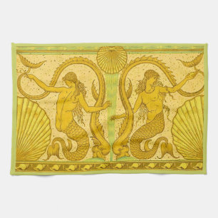 beautiful mermaids print tea towel