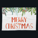 Beautiful "Merry Christmas" Berry and Branches  Tea Towel<br><div class="desc">Elegant hand lettered red and green Merry Christmas Illustration kitchen towel</div>