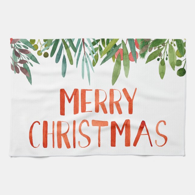 Beautiful "Merry Christmas" Berry and Branches  Tea Towel (Horizontal)