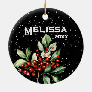 BEAUTIFUL MERRY CHRISTMAS, HOLLY SPRIG, STOCKING, CERAMIC ORNAMENT