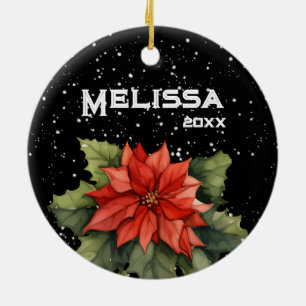 BEAUTIFUL MERRY CHRISTMAS, POINSETTIA, CANDY CANE CERAMIC ORNAMENT