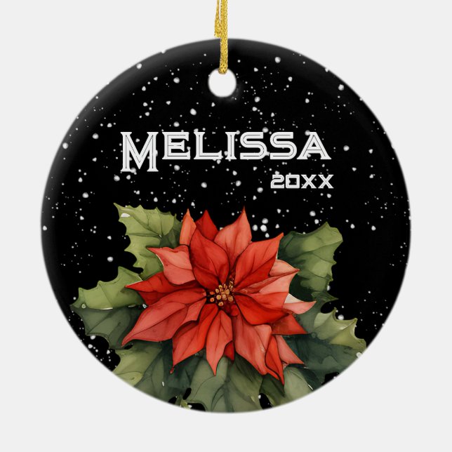 BEAUTIFUL MERRY CHRISTMAS, POINSETTIA, CANDY CANE CERAMIC ORNAMENT (Back)