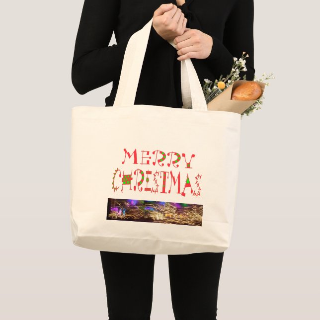 Beautiful Merry Christmas Text Pattern Design Art Large Tote Bag (Front (Product))