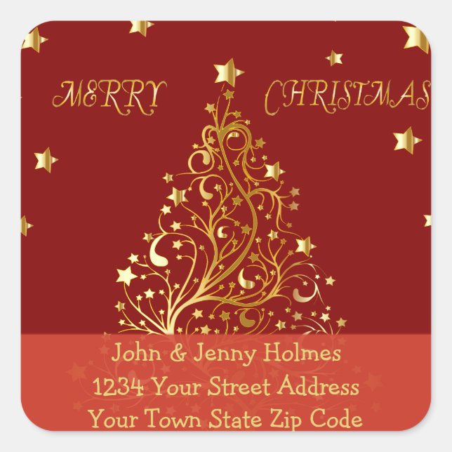 Beautiful metallic gold Christmas tree on dark red Square Sticker (Front)