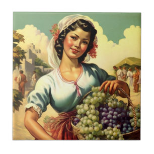 Beautiful Mexican Calendar Girl in Grape Harvest Ceramic Tile