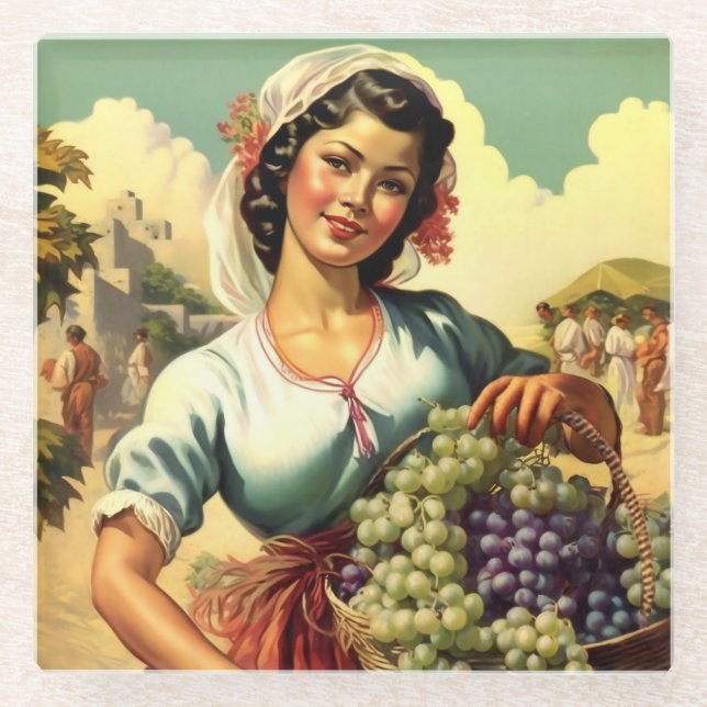 Beautiful Mexican Calendar Girl in Grape Harvest  Glass Coaster (Front)