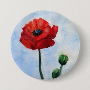 Beautiful Mind Red Poppy watercolor art 7.5 Cm Round Badge