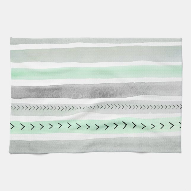 Beautiful Mint Green Grey Watercolours Stripes Tea Towel (Horizontal)