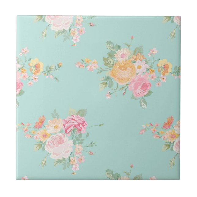 beautiful, mint,shabby chic, country chic, floral, ceramic tile (Front)