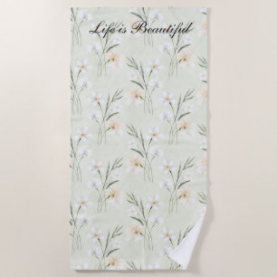 Beautiful Mint White Tropical Flowers Beach Towel