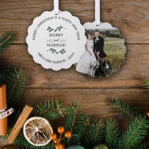 Beautiful Mistletoe Merry Married Christmas Photo Tree Decoration Card