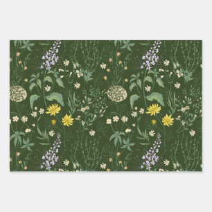 Beautiful Mixed Pastel Wildflowers Green Wrapping Paper Sheet