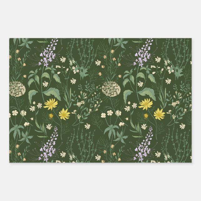 Beautiful Mixed Pastel Wildflowers Green Wrapping Paper Sheet (Front)