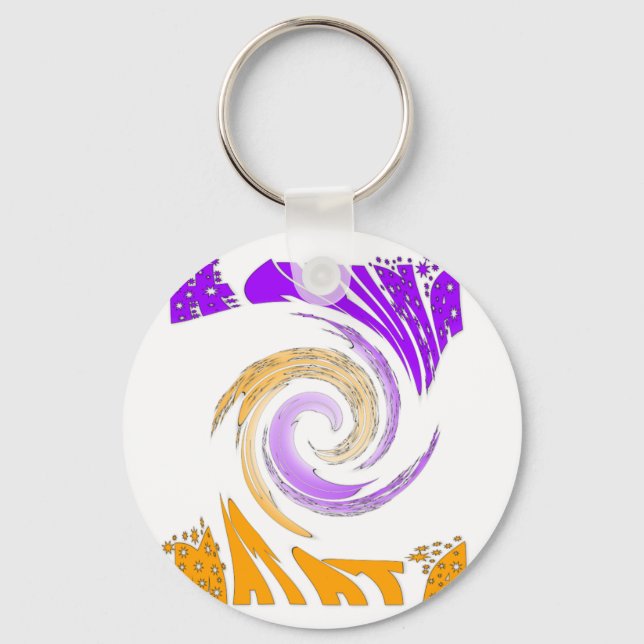 Beautiful Modern Art Design: Purple and Gold Whirl Key Ring (Front)