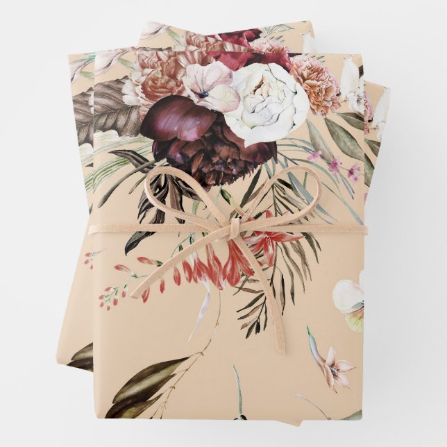 Beautiful Modern Beige Floral Pattern Gift Wrapping Paper Sheet (In situ)