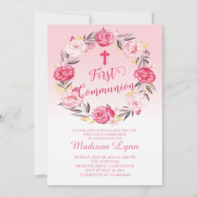 Beautiful Modern Floral Wreath First Communion Invitation (Front)