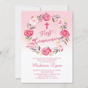 Beautiful Modern Floral Wreath First Communion Invitation