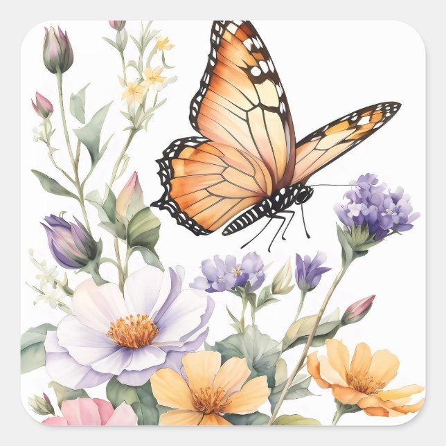 Beautiful Monarch Butterfly Watercolor Square Sticker (Front)